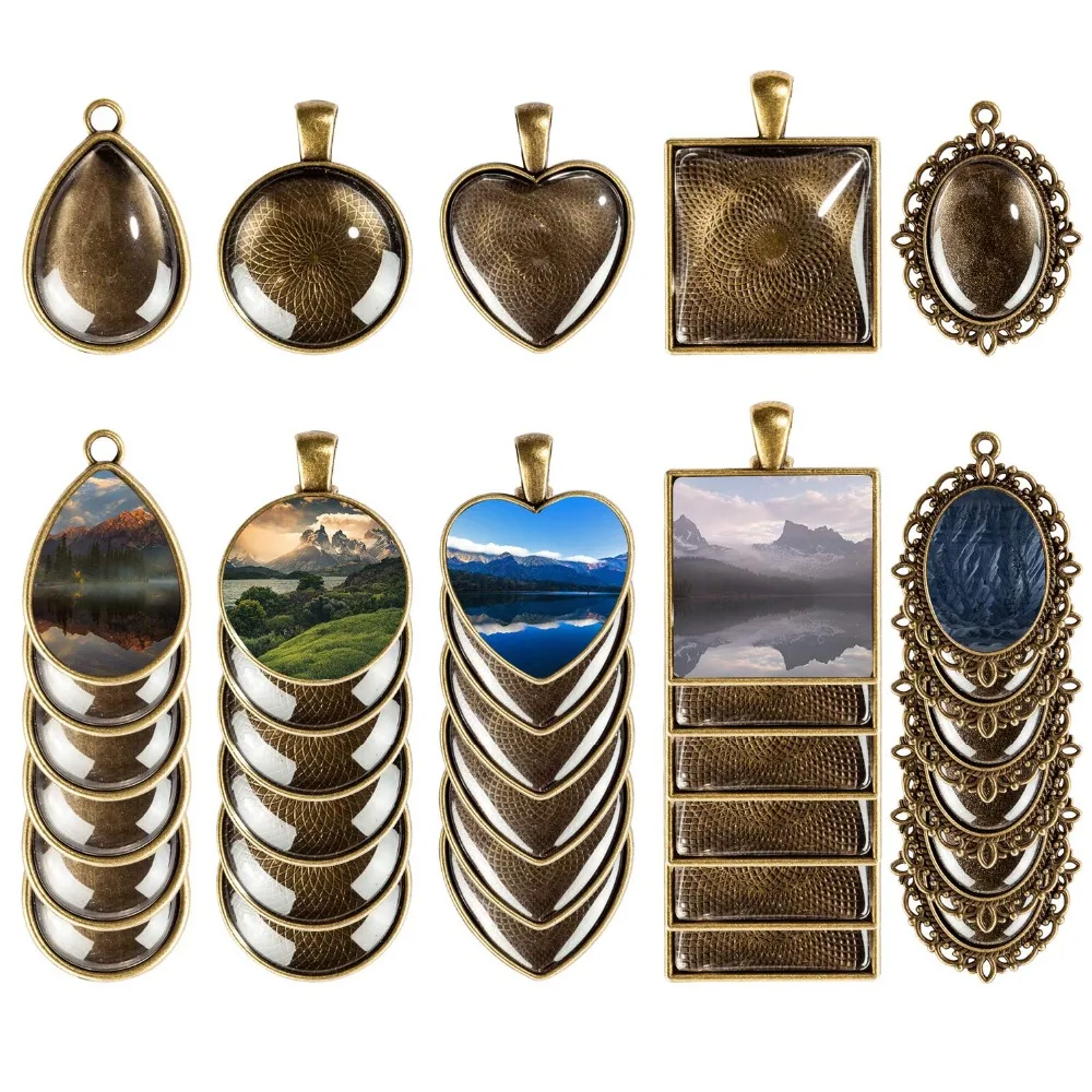 

60Pcs 5 Styles Pendant Trays 30Pcs Round Square Heart Teardrop Oval 30Pcs Glass Cabochon Dome Tiles for DIY Jewelry Gift Making