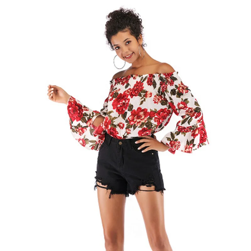 2019 New Summer Women Tops Chiffon Sexy Beach Style Red White Floral Print Slash Neck Strapless Flare Long-sleeved Blouses 2019 New Summer Women Tops Chiffon Sexy Beach Style Red White Floral Print Slash Neck Strapless Flare Long-sleeved Blouses