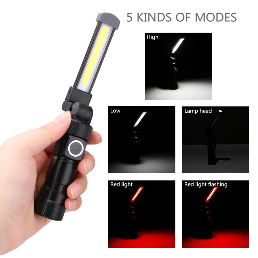 

USB Rechargeable COB Work Light LED Magnetic Flashlight 5 Modes Portable Lamp Torch Hand-free Maintenance Light Built-in 18650