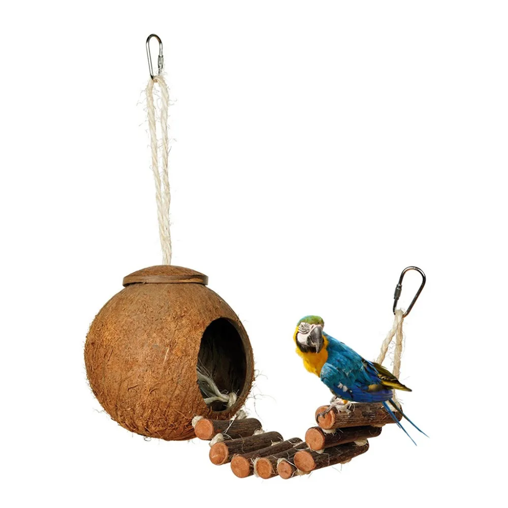 Natural Coconut Husk Bird Nest Cage House Hut Bird Pet Toy Parrot Garden Hanging 