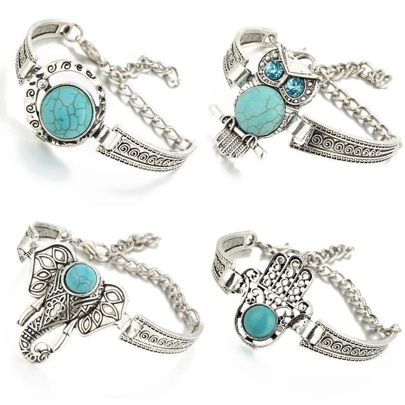 

New Hot Fashion Party Women Men Retro Bohemian Charm Bracelets Circle Owl Elephant Palm Hamsa Bracelet Gift Wholesale