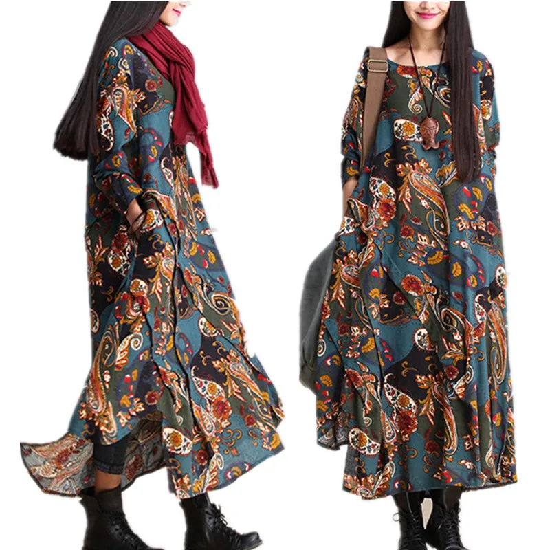 

2019 New fashion women Spring dress vintage print floral plus size loose long dress cotton linen autumn casual full maxi dress