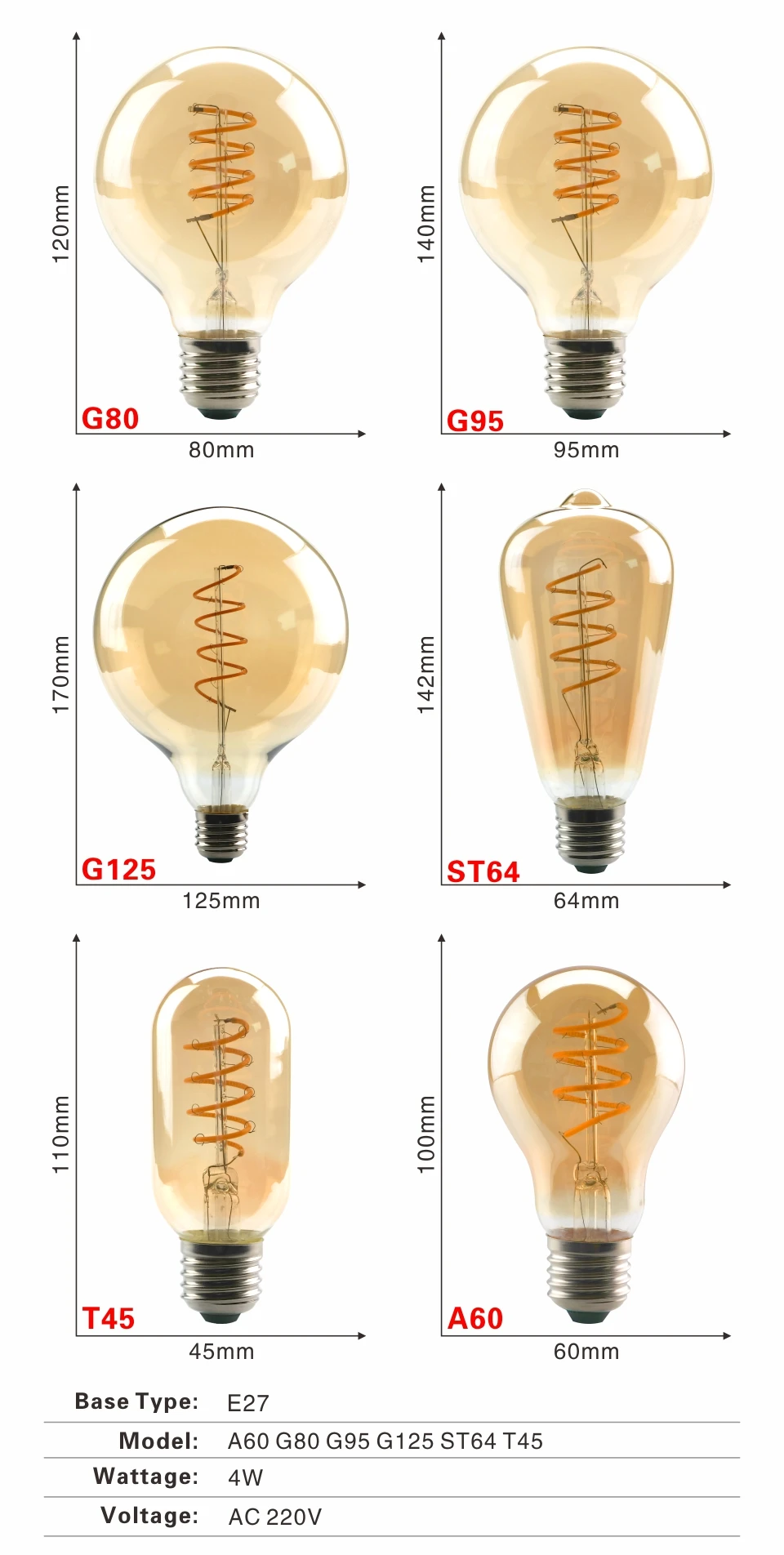 Ретро Спираль нити светодиодный лампы T45 ST64 G80 G95 G125 4 Вт E27 220V затемнения Эдисон лампы 2200K теплый желтый светодиодный светильник