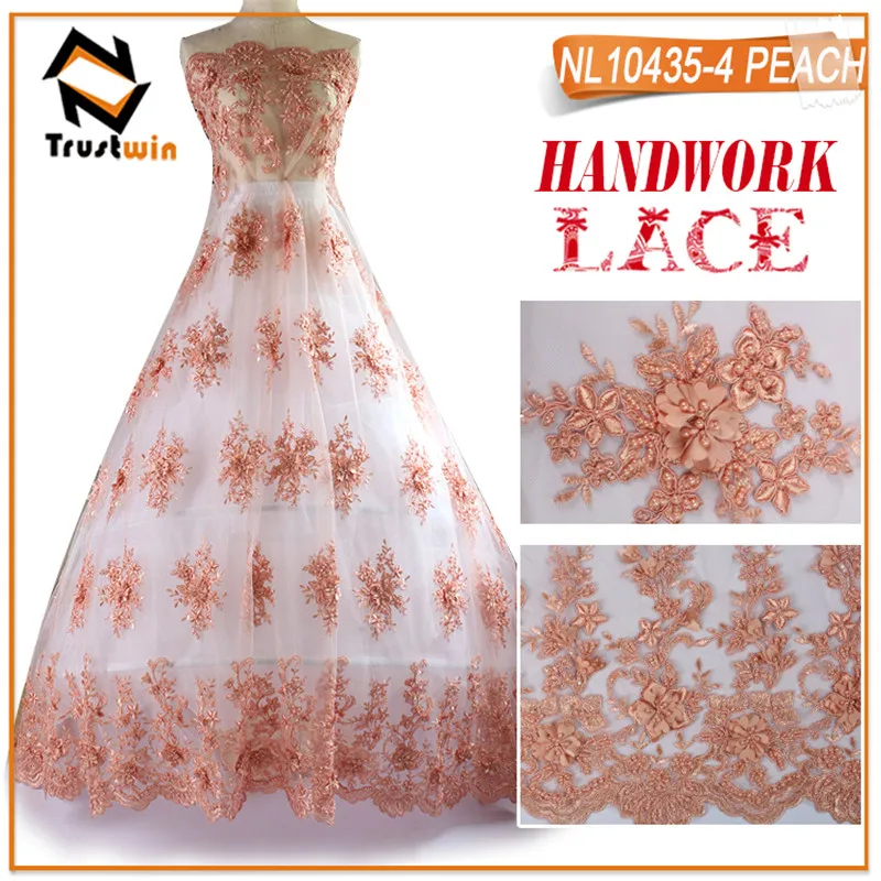 2018 Latest Design Peach Handmade 3D Beaded Flower Lace Fabrics