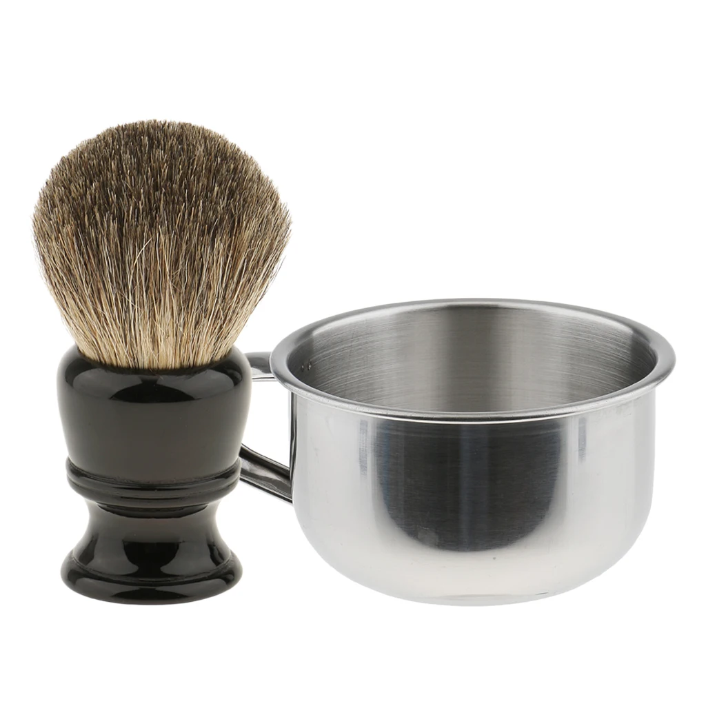 Men's Shave Set Badger Hair Shaving Brush+ Stainless Steel Soap Mug Bowl