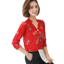 Осень 2018 Новая женская блузка с цветочным принтом с длинными рукавами свободные Большие размеры женские & #39 S одежда v-образным вырезом