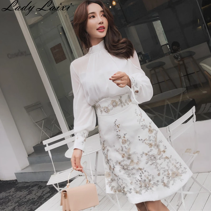 

2019 Autumn Women Sets Floral Sequins embroidery High Waist Skirt and Lantern Long Sleeve Chiffon Blouse Office Lady 2pcs Suit
