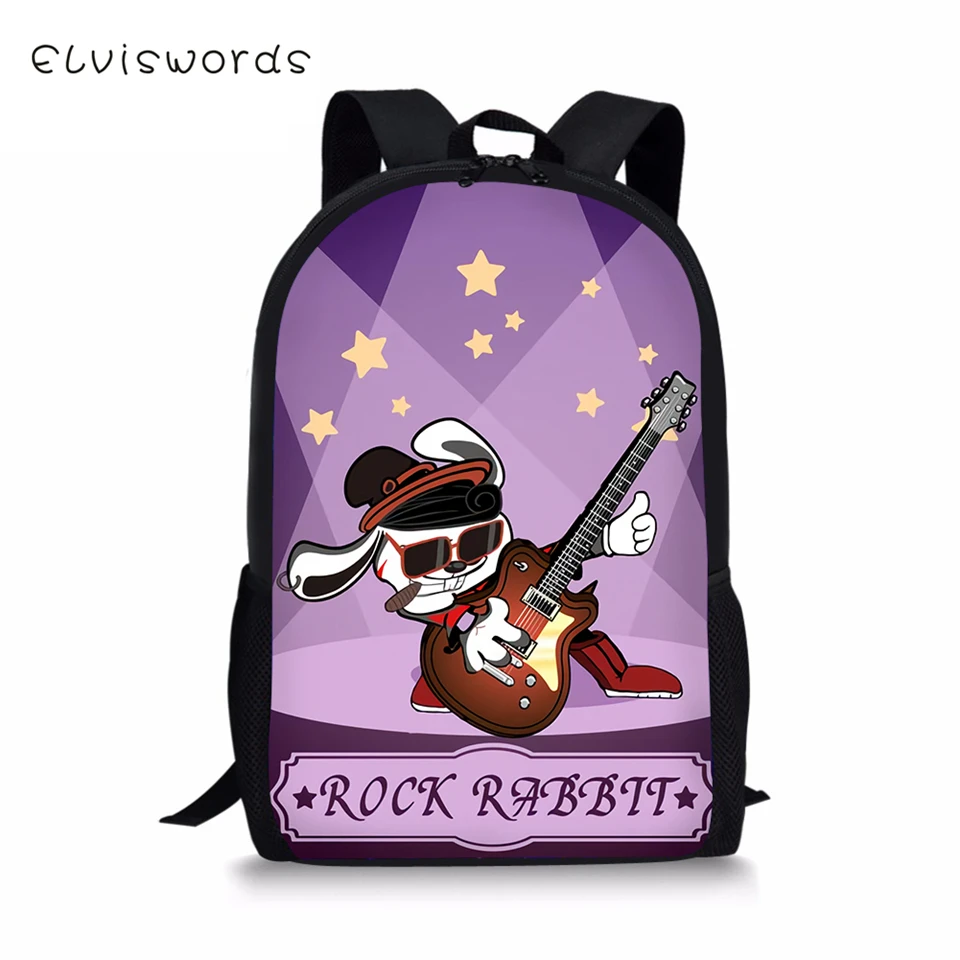 

ELVISWORDS Children's Backpack Cartoon Animal Prints Pattern Travel Laptop Backpack Music Rabbit Little Owl & Dogs Kids Backpack