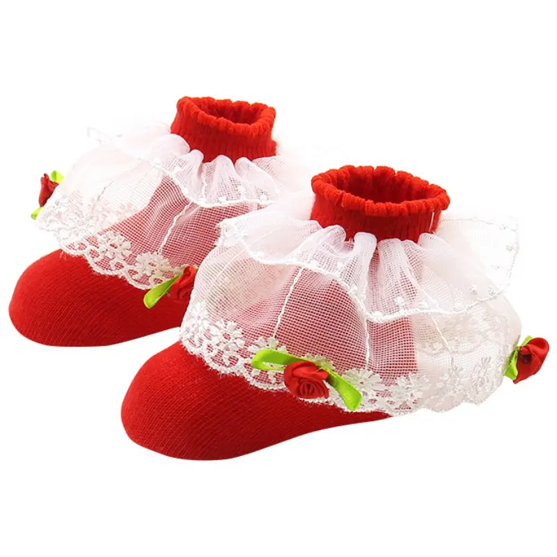 1 пара для маленькой принцессы Обувь для девочек малышей Кружево рюшами Оборками Нескользящие Хлопковые короткие носки младенческой Дети Кружево хлопковые носки S2 - Цвет: Красный