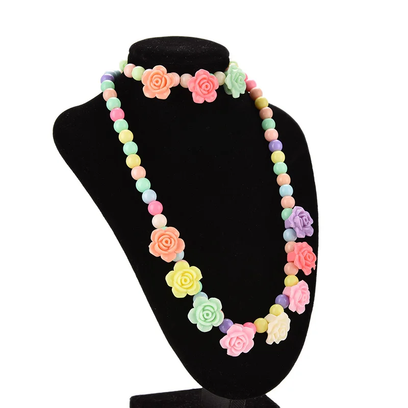 

Rose Shaped Candy Beaded Necklace Lovely Bubblegum Kids Necklaces Bracelet Baby Girl Party Jewelry Multicolor