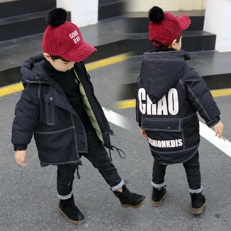 Children's clothing hooded letters long boy jacket autumn and winter new thick warm fashion personality cotton coat