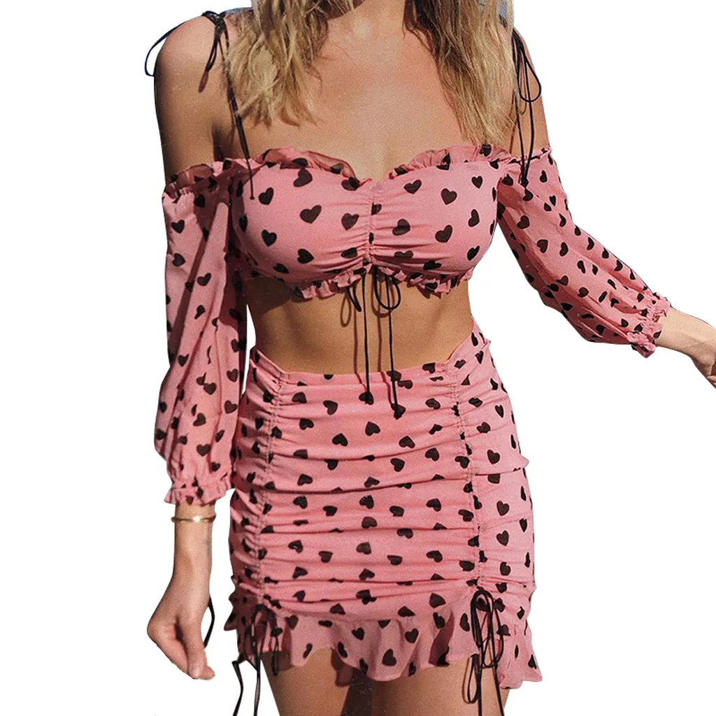 

JAYCOSIN 2019 New Summer Women Suit Sexy Pink Three Quarter Sleeve Heart Print Off Shoulder Crop Top Bag Hip Skirt Set 9May108