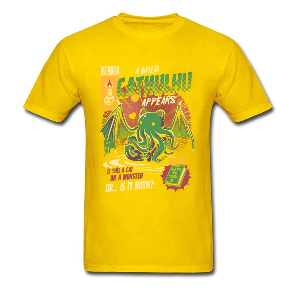 Cathulhu Street Labor Day Cotton Fabric Round Collar Men Tees cosie Clothing Shirt Family Short Sleeve T-Shirt Cathulhu yellow