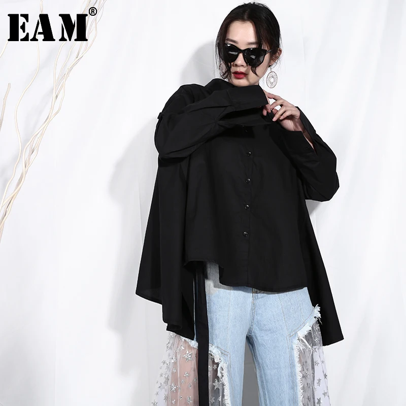 

[EAM] 2019 New Autumn Summer Lapel Long Sleeve Black Loose Irregular Hem Bandage Big Size Shirt Women Blouse Fashion Tide JO668