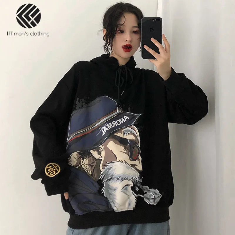 

Autumn Winter Women Fashion Japan Style BF Loose Master Roshi Print Hooded Sweatshirts Female Casual Black Cashmere Sweatshirts