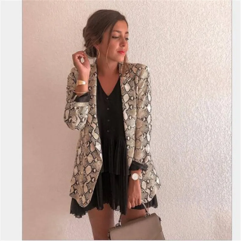 price reduction  Fashion Fall Jacket Sexy Snake Print Long Sleeve Coat Elegant Women Open Stitch Outerwear Office La