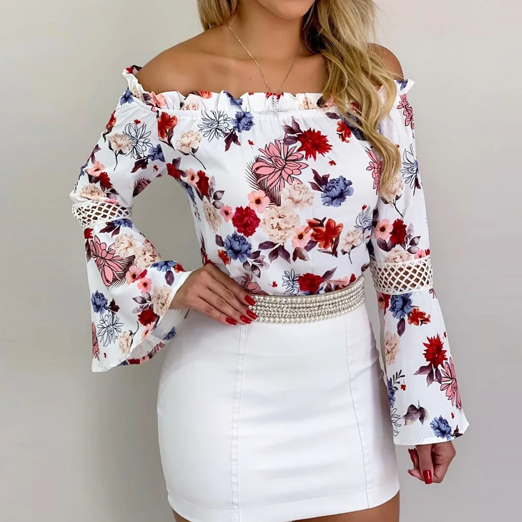 

YOUYEDIAN Womens Off Shoulder Tops And Blouses Fashion Ladies Floral Print Tunic Shirt Sesy Slash Neck Flare Long Sleeve Blouse