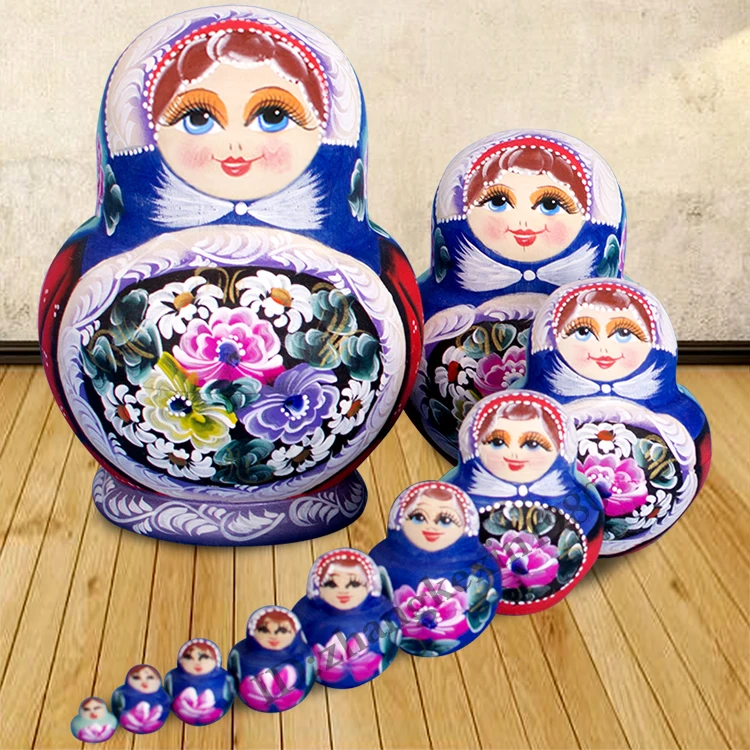 ФОТО 10pcs Lovely Nesting Dolls Peony Wooden Matryoshka Russian Dolls Hand Painted Home Decoration Birthday Gifts