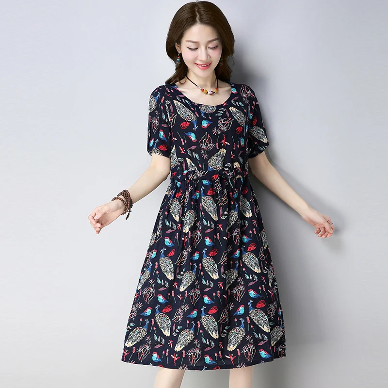 P Ammy Summer Cotton & Linen Short Sleeve Lace Print A Line Dress Plus