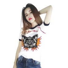 Трехмерная вышивка Cathead Для женщин тонкий хлопок Для женщин с короткими рукавами летние универсальные Cat футболка с круглым вырезом уличная рубашка