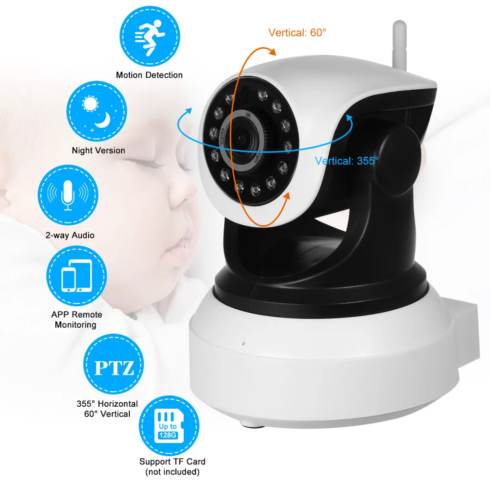 

Wireless WiFi Pan Tilt Network IP Cloud Indoor Camera Baby Monitor Support PTZ TF Card Record 2-way Talk P2P Android/iOS APP