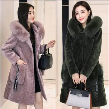 

2017 autumn and winter new high imitation sheep shepherd coat female long imitation fox fur hooded jacket