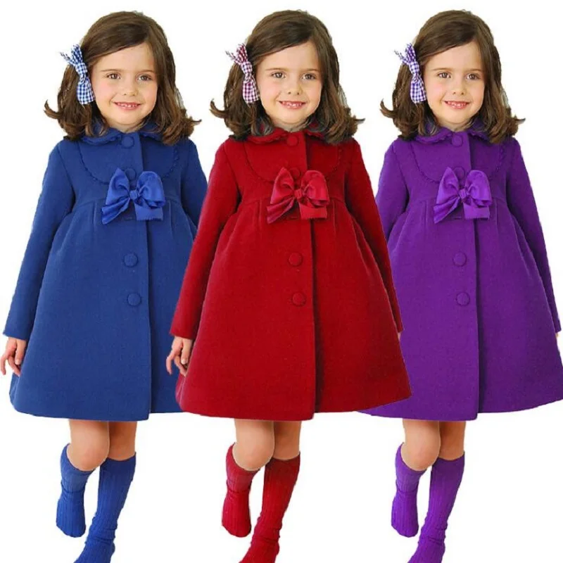 Koop 3 kleur Meisjes Winter Warme Jassen Jas, Kinderen Winter Hoge kwaliteit Solid Lange mouwen Wollen jas, baby Meisjes Uitloper Voor 3 8Yrs