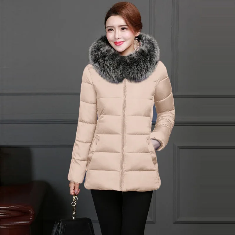 Модная Большая Меховая куртка с капюшоном новая зимняя куртка женская теплая куртка с хлопковой подкладкой Зимнее пальто женская пуховая парка толстая верхняя одежда - Color: Khaki