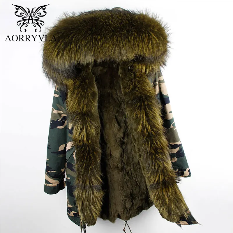 AORRYVLA 2018 Winter New Women Fur Parka Natural Raccoon Fur Hooded Long Coat Real Rabbit Lining Casual Female Warm Parka