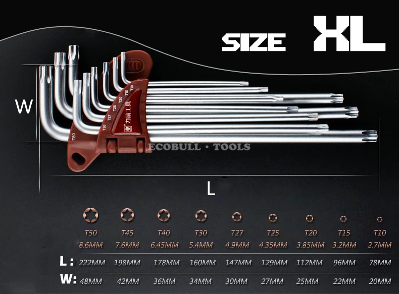 LIJIAN 9 шт. Набор шестигранных ключей Torx T10-T50 CR-V длинный размер с хромированной отделкой поверхности - Цвет: XL