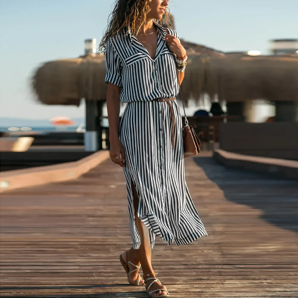 Women Stripe Printed Long Sleeves Button Bandage Belt Chemise Long Dress