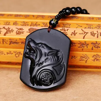 

5*3cm Obsidian Wolf Head Pendant Carve Black Pearl Necklace Crystal Lucky Men Women Carved Buddha Happy Amulet Healing crystal