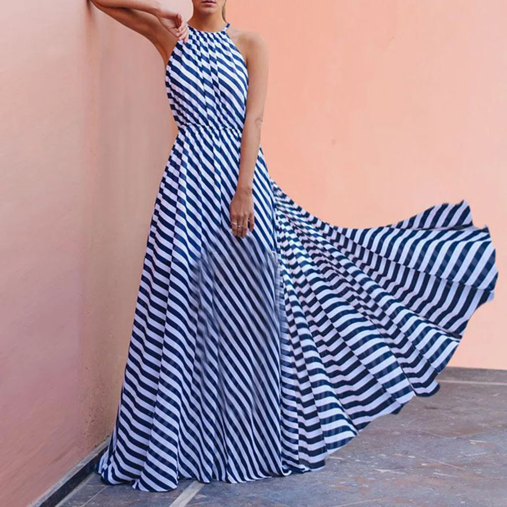 Women Sleeveless Striped Loose maxi Dress Beach Party Casual Sundress vestido de festa longo dresses woman party night casual