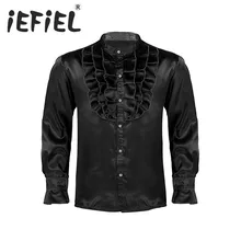 Атласная Мужская стойка воротник с длинным рукавом спереди гофрированная кнопка вниз Slim Fit винтажная свадьба формальный случай смокинг платье рубашки