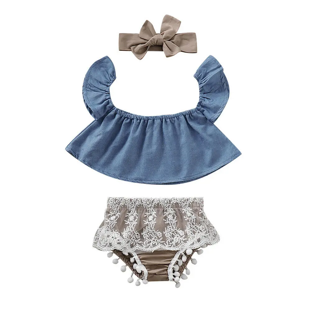 3PCS Infant Newborn Baby Girl Off Shoulder Tops+Shorts Pants+Headband Outfit US