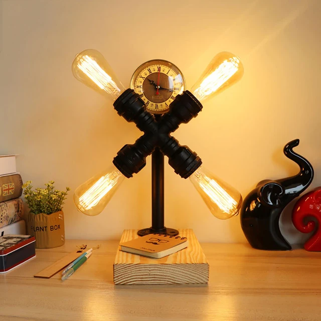 

Loft Industrial vintage nature wood base steam punk table lamp E27 light modern reading desk lamp for study bedroom workroom