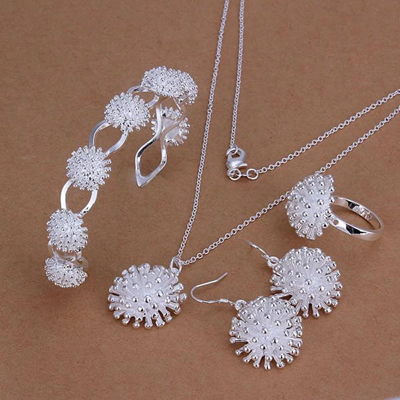 

GNIMEGIL 2019 New 925 Stamped Silver Plated Jewelry Sets Fashion Charm Fireworks Pendant Necklace Bangle Drop Earrings Ring