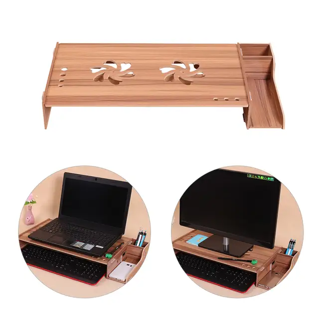 Wood Computer Monitor Stand Riser Laptop Shelf Desk Organizer With Keyboard Storage Adjule Height For Office School