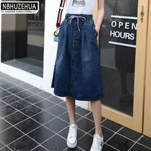 Полный размер Осень Новые женские джинсовые юбки корейская мода Повседневная Эластичная талия большой низ миди юбка плюс размер Faldas QZ1555