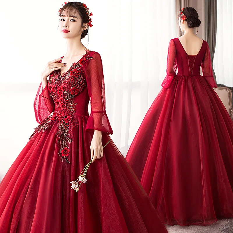 Бордовое бальное платье 2020 платья с аппликацией для Quinceanera длинным рукавом 15