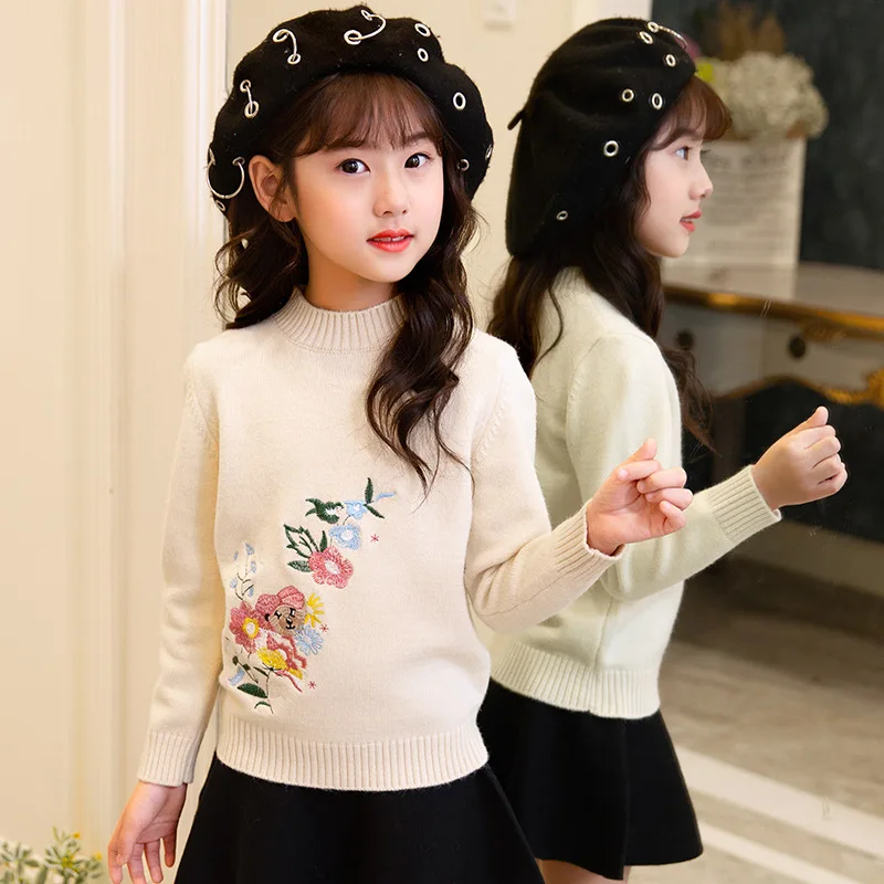

Winter 2019 Sweater for Girl Kids O-neck Flower Embroidery Knit Sweaters Children Princess Thicken Coat Baby Girl Clothes 3-14T