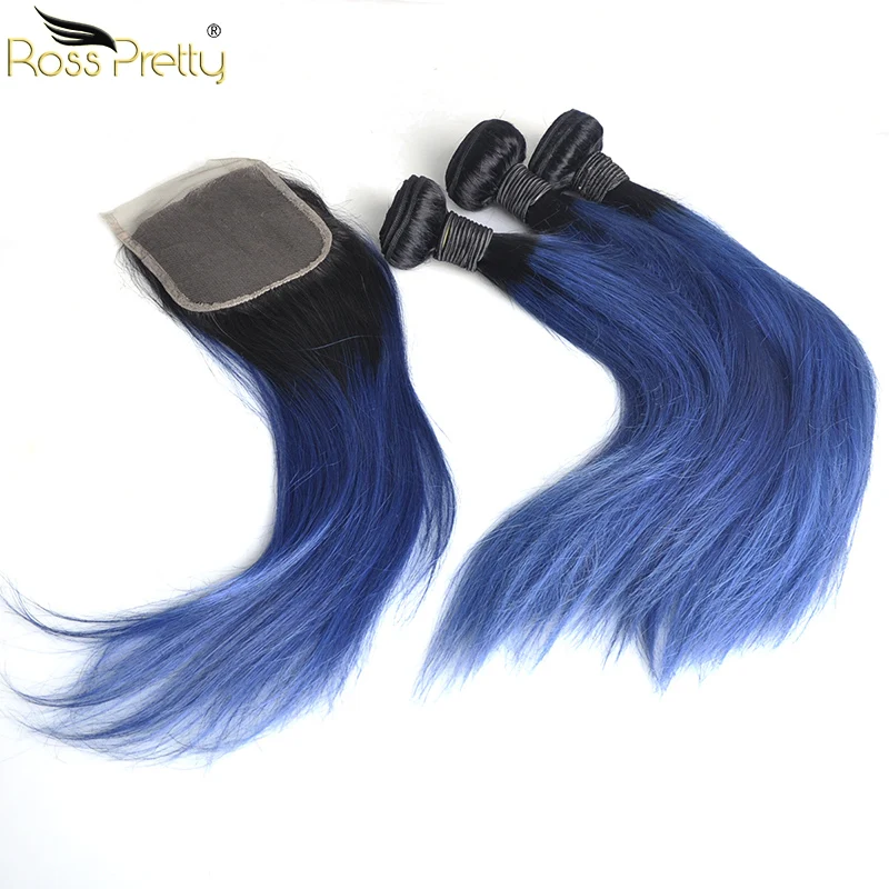 Ross Pretty Ombre Цвет 1b синий Remy человеческие волосы пучки с закрытием бразильские прямые волосы переплетения с кружевом