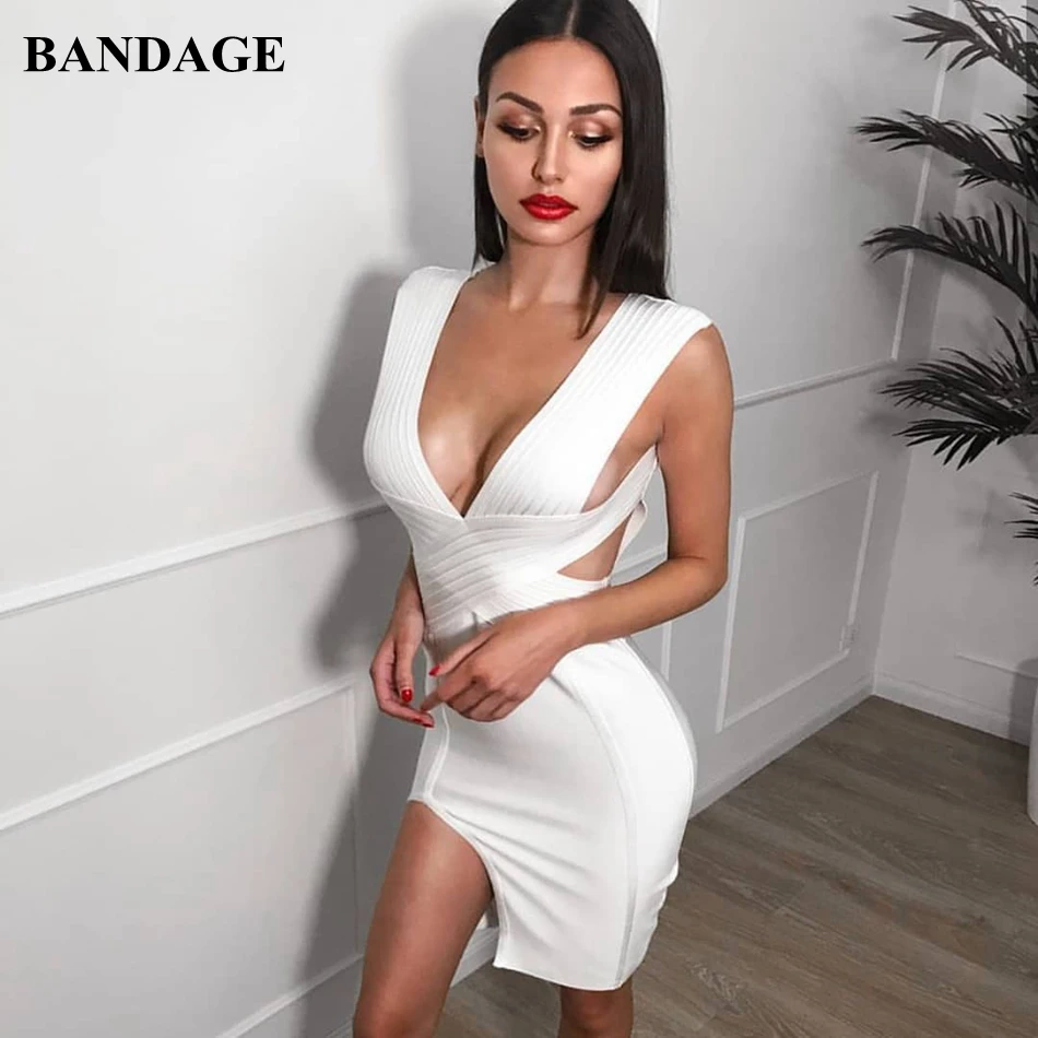 

Olive Green White Red Bandage Dress Sexy Deep V Neck Vestidos Side Split Knee Length Cut Out Sleeveless Party Dress FH10