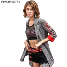 Для женщин сезон: весна–лето Новая мода вышивка Клетчатый костюм пальто дамы Повседневное Свободная верхняя одежда три четверти рукав куртки LY352