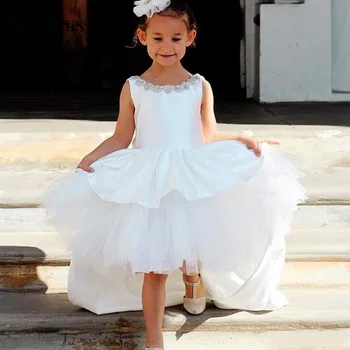 

White Flower Girl Dress Hi Low V Back Crystal Ruffles Satin Front Long Back Big Bows For Kids Girls Birthday Party Gown