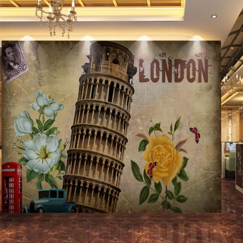

Custom photo wallpaper Ancient Barcelona Leaning Tower Retro Oil Painting Backdrop wallpaper Restaurant Corridor Custom Mural