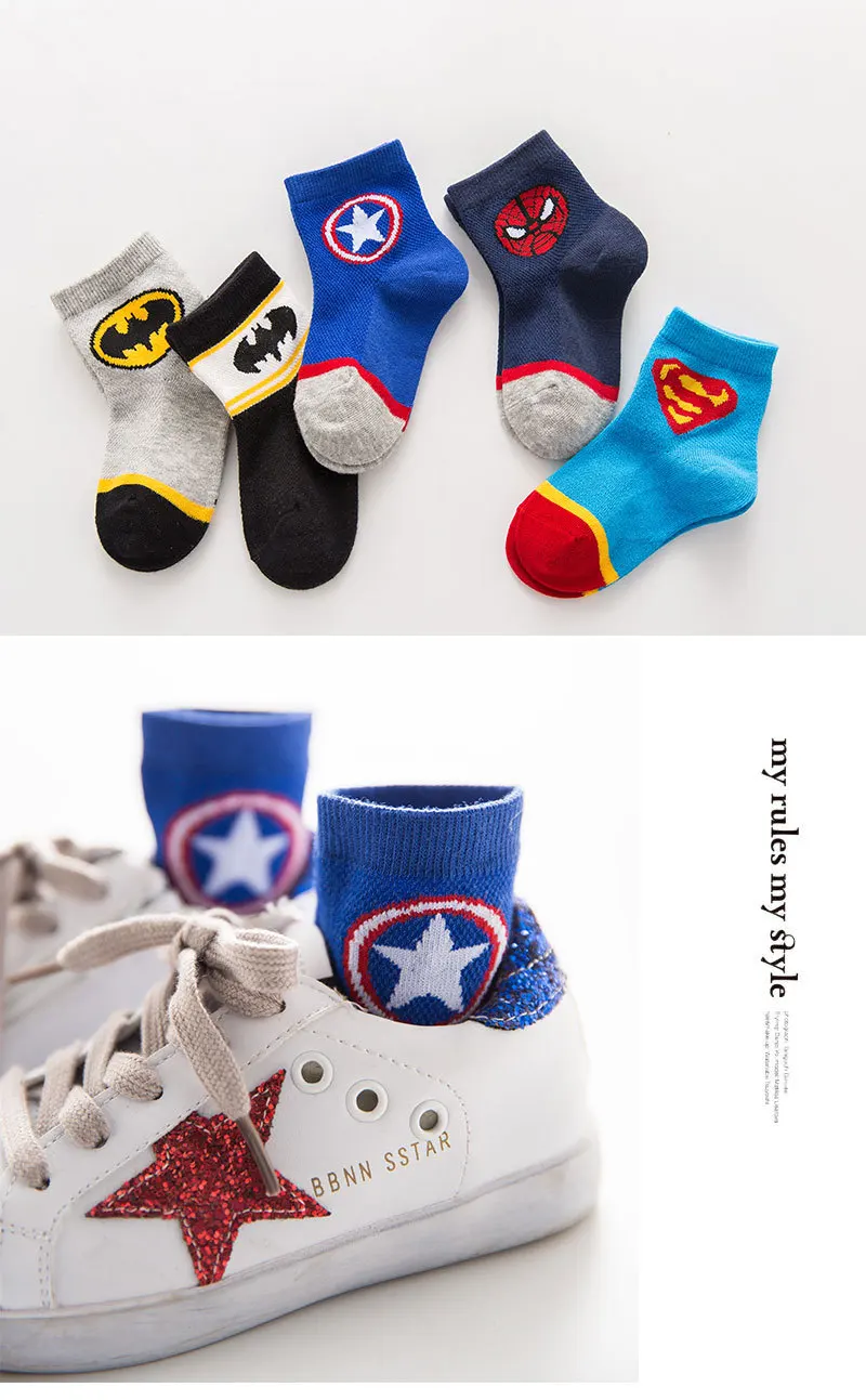 5 пар детских Хлопковых Носков летние тонкие дышащие модные носки для маленьких мальчиков и девочек с изображением Человека-паука, Бэтмена, от 2 до 10 лет