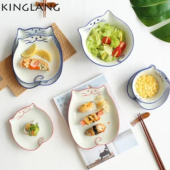 

1 PC KINGLANG Ceramic Porcelain Creative Cute Cat Shaped Plate Dish Dinner Bowl Spoon Plates Kitchen Tableware