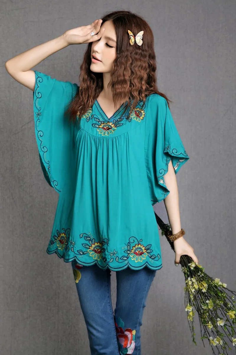 2020 Hot Sale vintage 70s mexican Ethnic Floral EMBROIDERED BOHO Hippie blouses / shirt Women Cloth