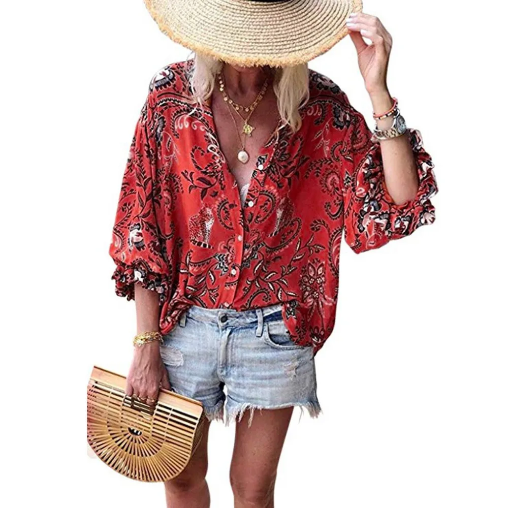 2019 Women's casual printed button lotus leaf sleeve shirt top and blouses summer sexy blouses women beach pretty blouses 40J12 (6)